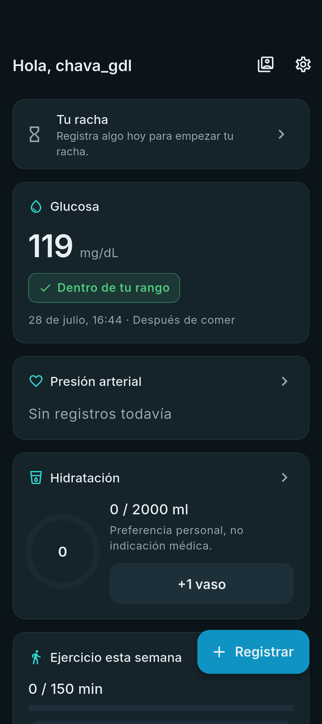 Pantalla de inicio de Diabetiapp mostrando la última medición de glucosa con su clasificación, la presión arterial y el acceso a registrar.