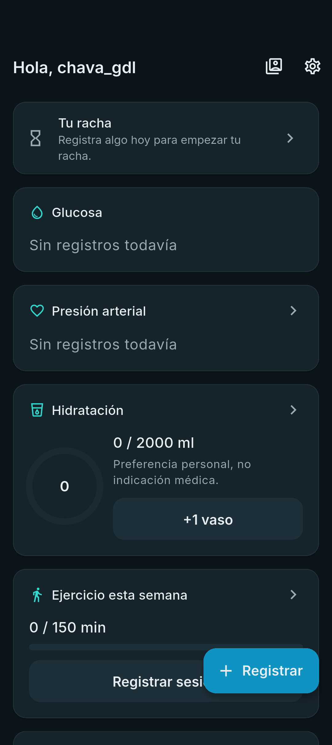 Dashboard de Diabetiapp listo para el primer registro del día.