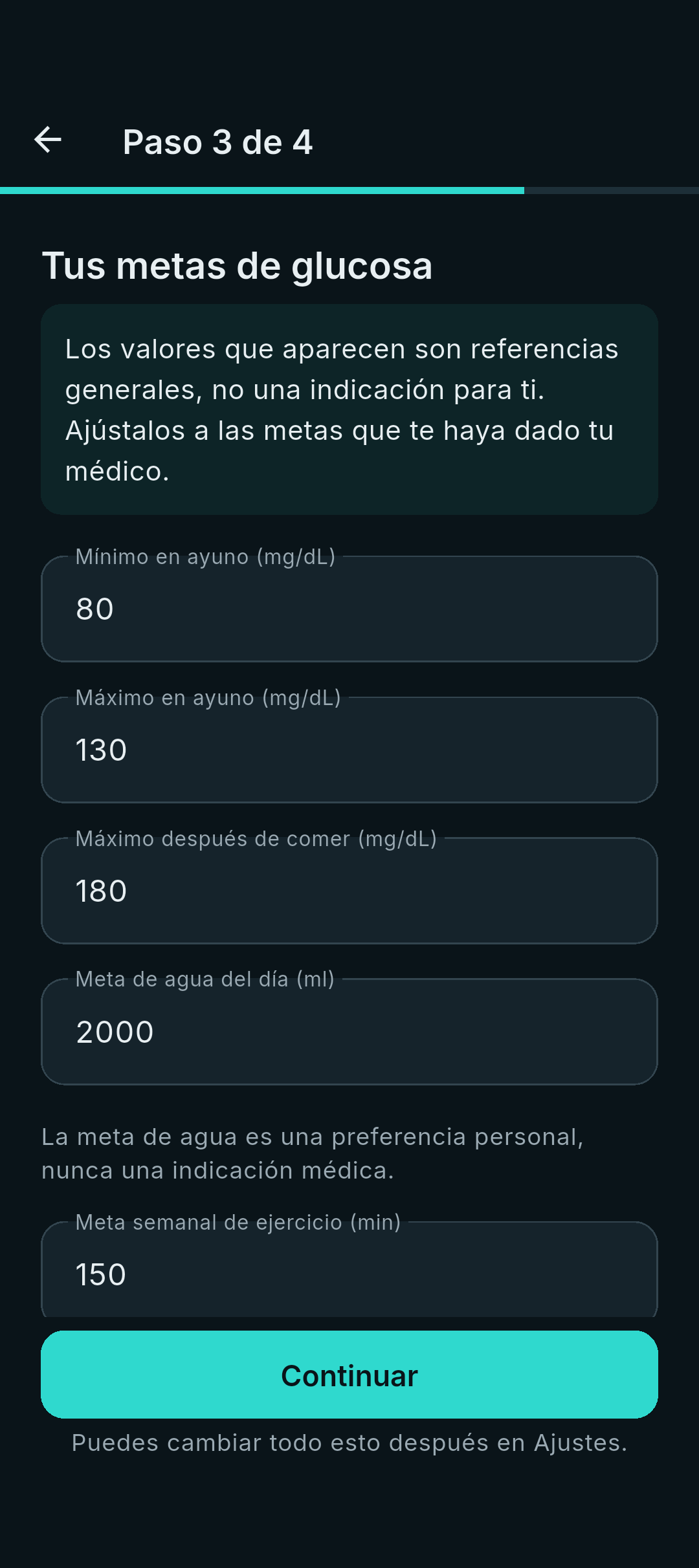 Pantalla de metas personalizables: rangos de glucosa, agua, ejercicio y peso.