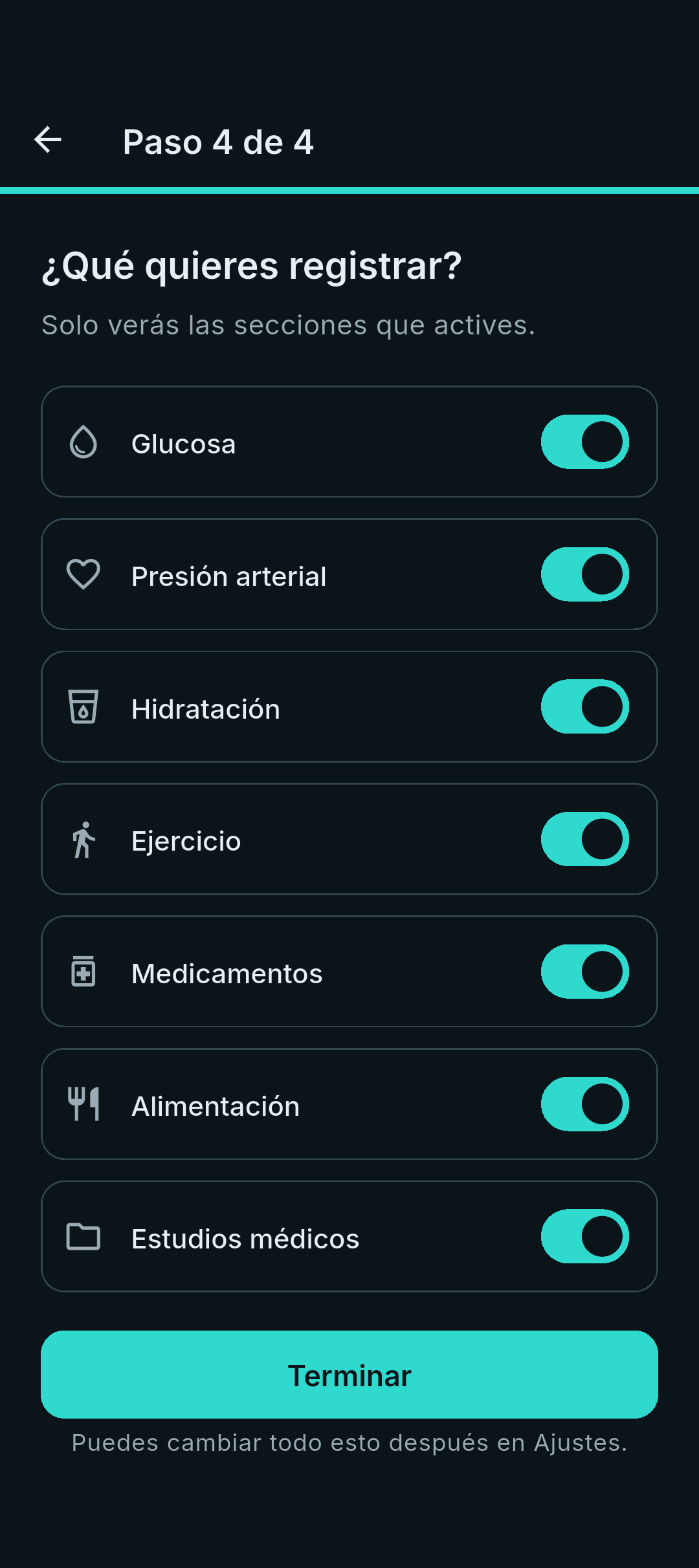 Pantalla para elegir qué módulos ver: glucosa, presión, hidratación, ejercicio y más.